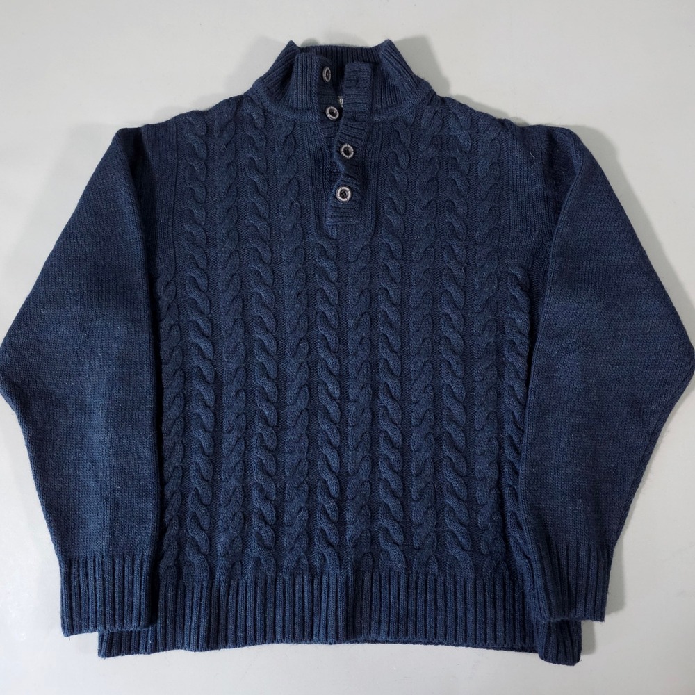 Lorenzo Magni Sweater Mens XL Navy Blue Cable Knit Mock Neck Wool‎ Blend Italy